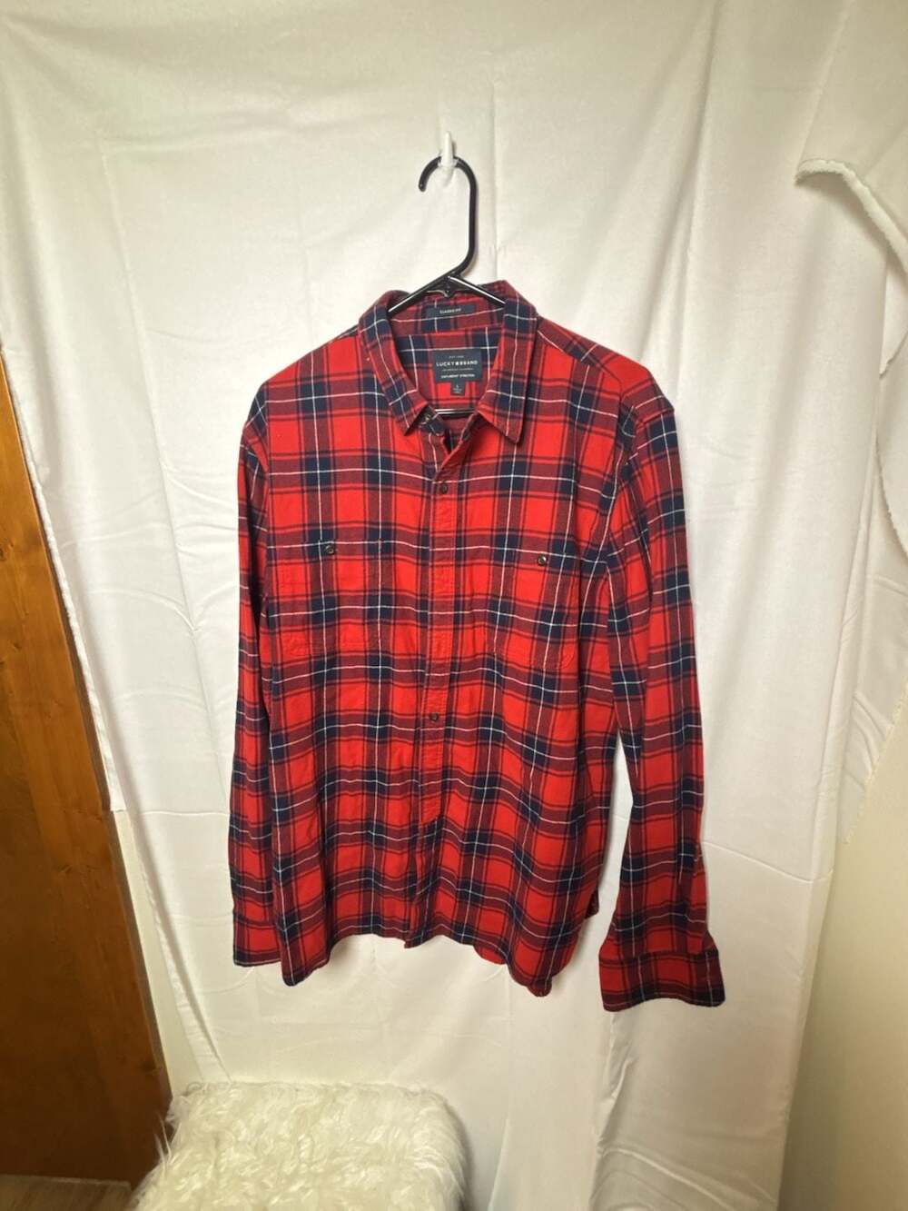 Lucky Brand Size L Red Plaid Saturday Stretch Classic Fit Button Up Shirt